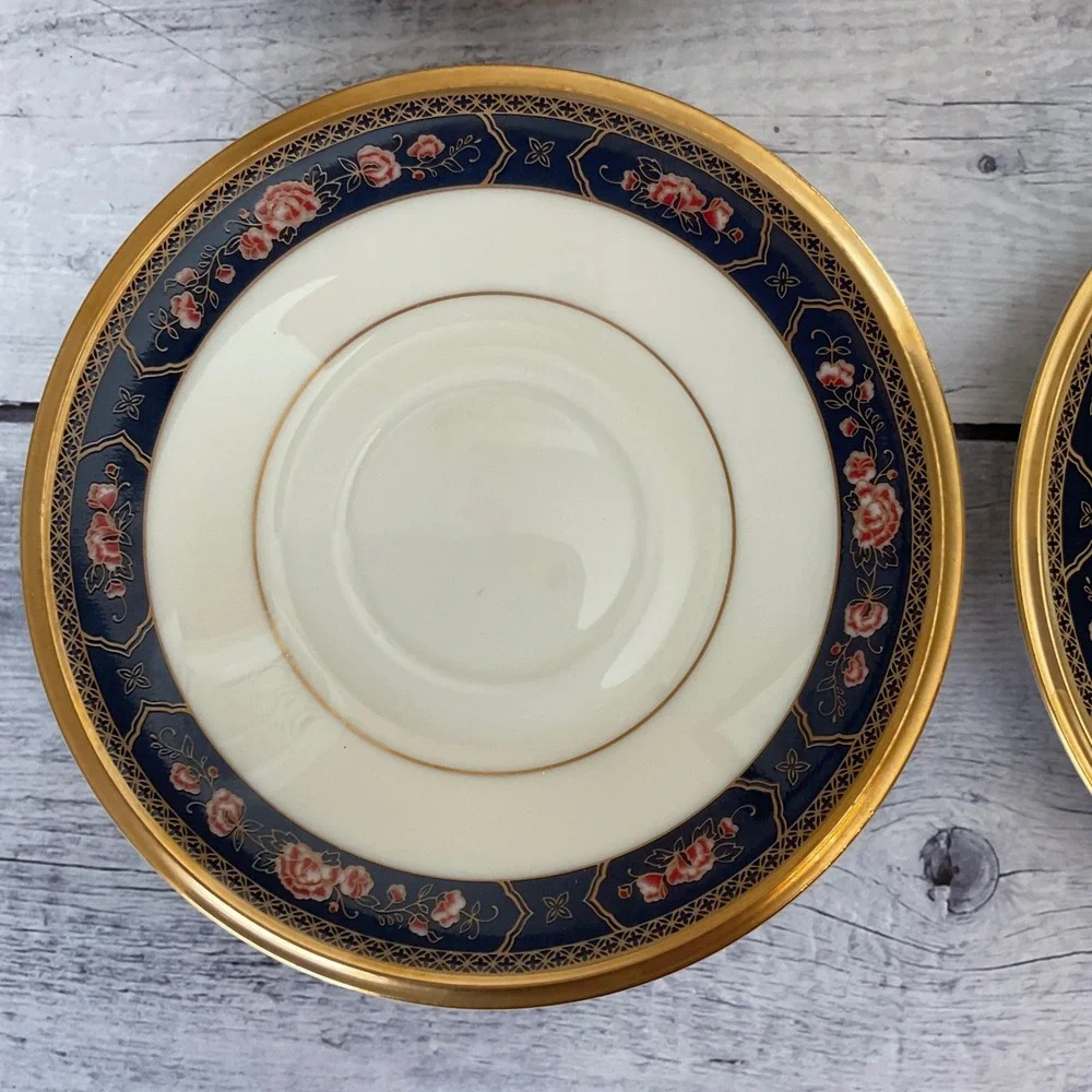 Lenox Royal Peony Saucers Set of 4 Ivory Navy Pink Floral Gold Trim Made in USA